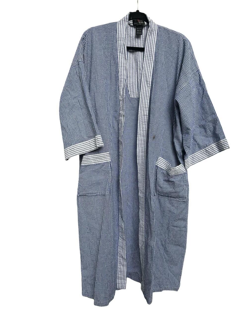 Bill Blass Menswear Blue White‎ Seersucker Robe One Size Cotton Belted Pockets